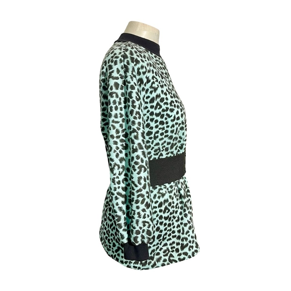 1980’s Sky Lite Aqua Leopard Print Mock Neck Long Sleeve Belted Top SzL/XL - Picture 3 of 8